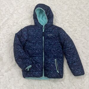 Eddie Bauer Girls Reversible Hooded Jacket Size M 10/12 Faux Fur Lined Coat Teal